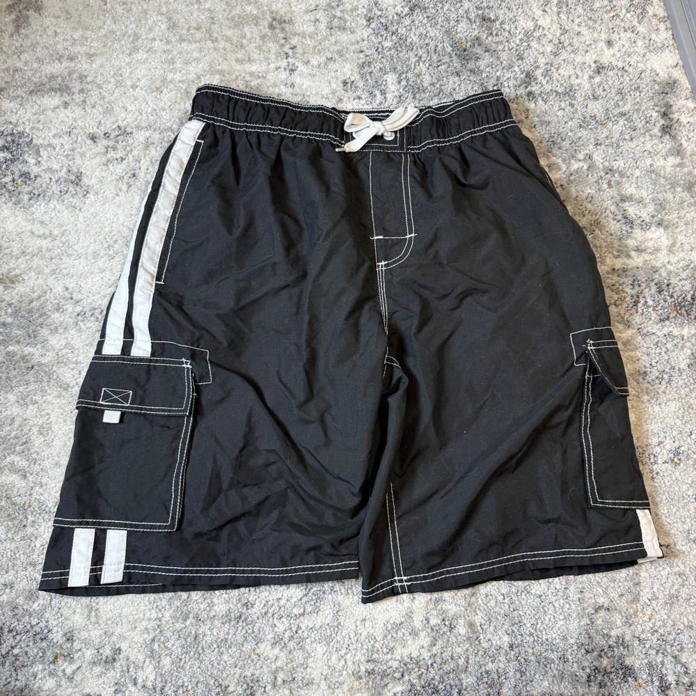Kanu Surf Mens Cargo Board Shorts Black White Stripe Swim Trunks Size Large